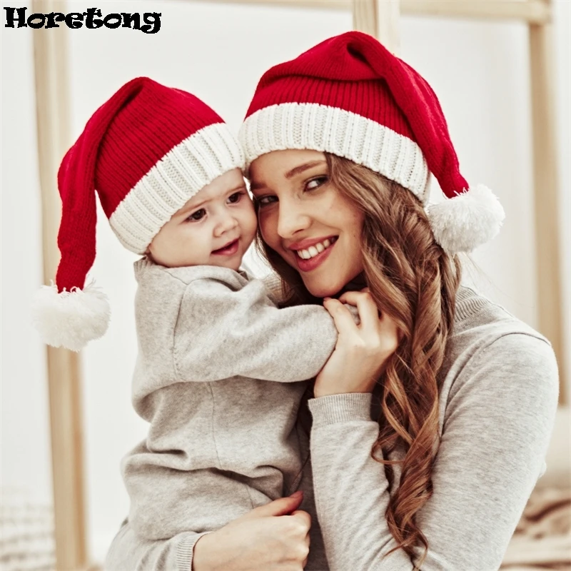 2024 Winter New Parent Child Beanies Christmas Hat Single Ball Acrylic Children Adult Warm Windproof Knitted Hat Color Blocked