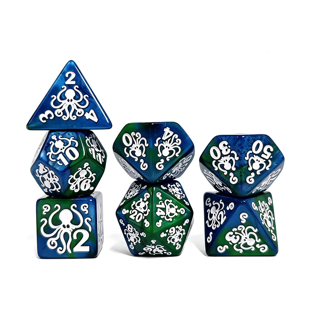 7Pcs Octopus Pattern Polyhedral Dice Set, Blue Green Swirl Base With White Octopus Engraving, DND RPG Tabletop Role Playing Game