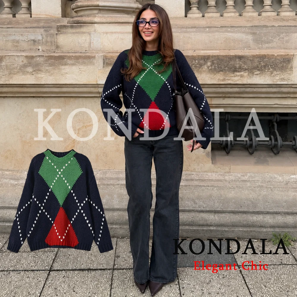 KONDALA Women Trendy Christmas Party Blouse Knitted Rhombus Sweater New Fashion 2026 Spring Fall Casual Cute O-Neck Pullover Top