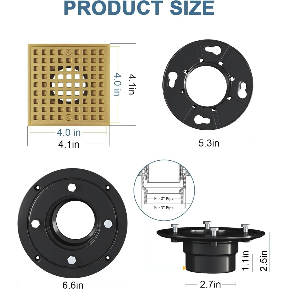 استنزاف دش مربع 4 بوصة مع غطاء مصفاة شعر قابل للإزالة - تصريف أرضية من الفولاذ المقاوم للصدأ لسهولة الصيانة والنظافة