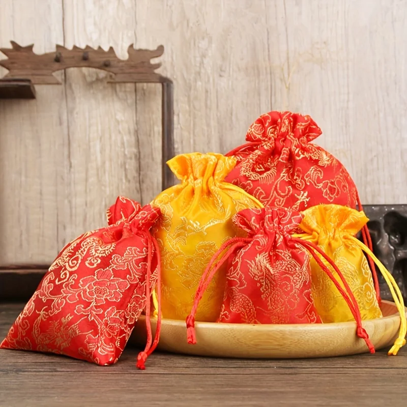 6pcs Brocade Embroidered Jewelry Storage Bags, Red Yellow Dragon Pattern Blessing Bags,  Gift Package Drawstring Cloth Bags