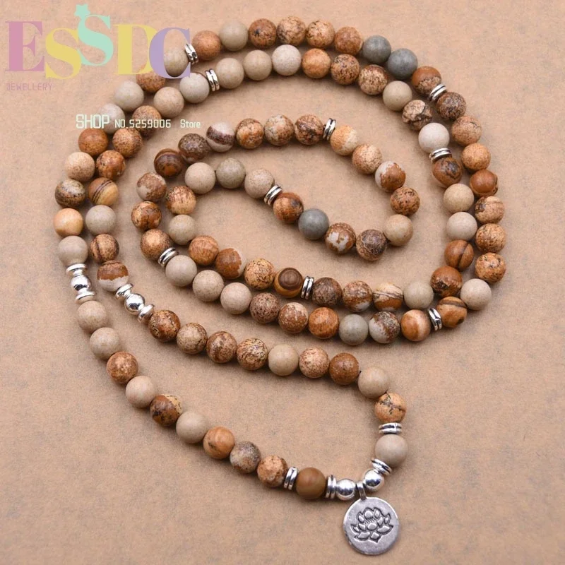 New Design Genuine Brown  108 Mala  Wrap  Yoga Healing Jewelry Trendy Natural Stone Lotus Charm Men's Bracelet