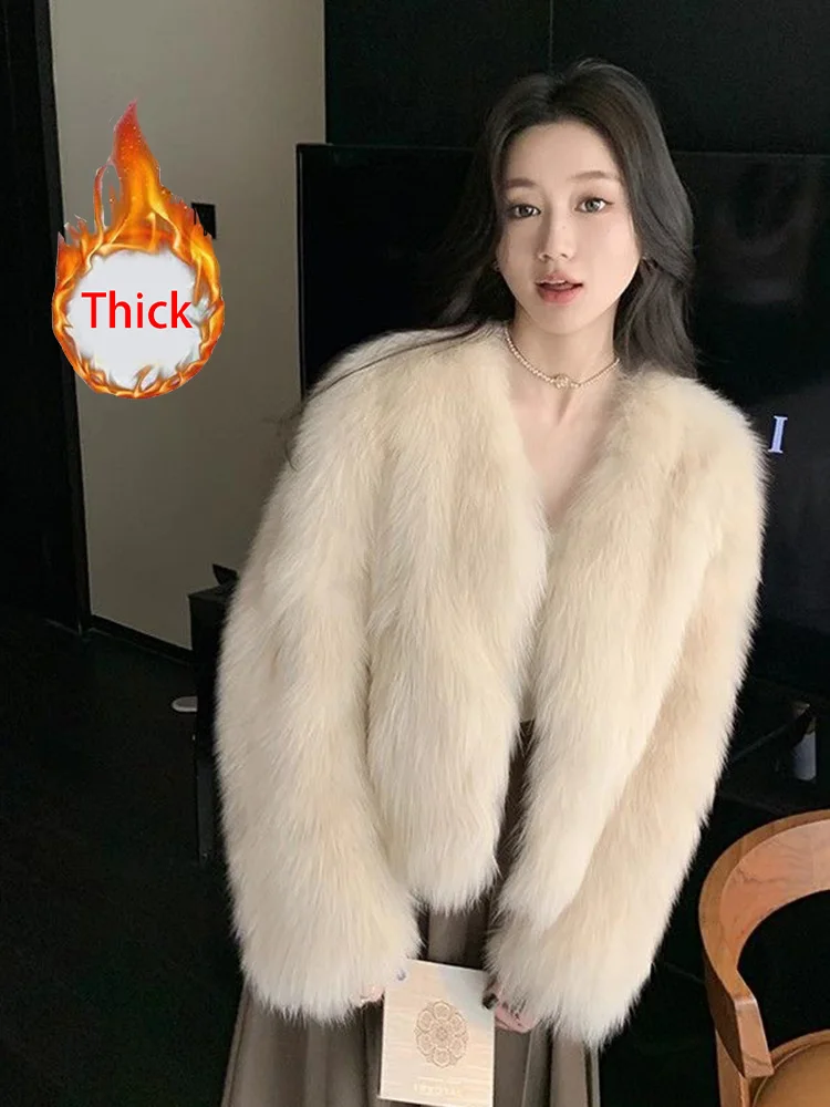 

Chic Faux Fur Winter Coat Women Long Sleeve Slim Thick Warm Elegant Jacket Korean Fashion V Neck Solid Faux Fox Lady Ins Outwear