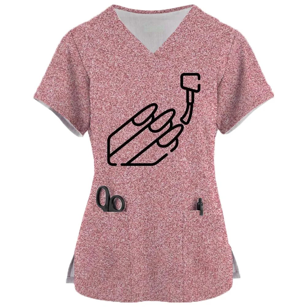 2024 New Female Nurse Uniform Nail Beauty Cartoon Printed Top V-Neck Pocket Medical Uniform Nursing Scrubbing Top Work Uniform