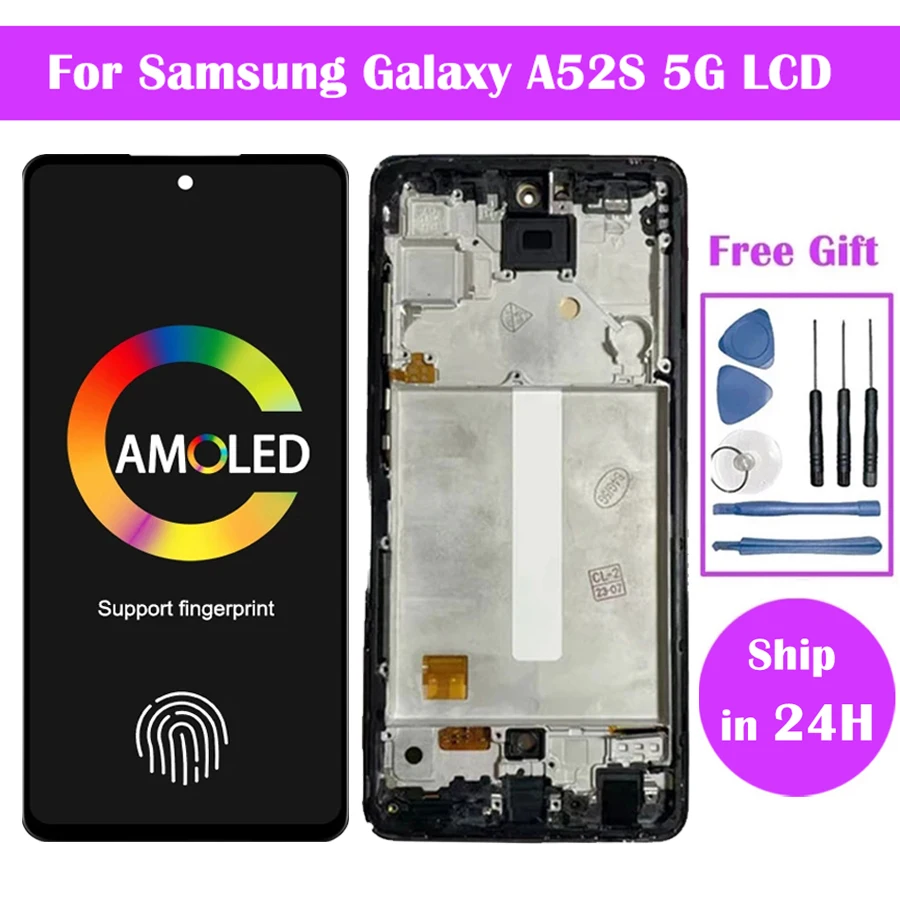 프레임이 있는 슈퍼 AMOLED LCD 디스플레이, 터치 스크린 디지타이저 수리 부품 어셈블리, 삼성 갤럭시 A52s 5G SM-A528B 