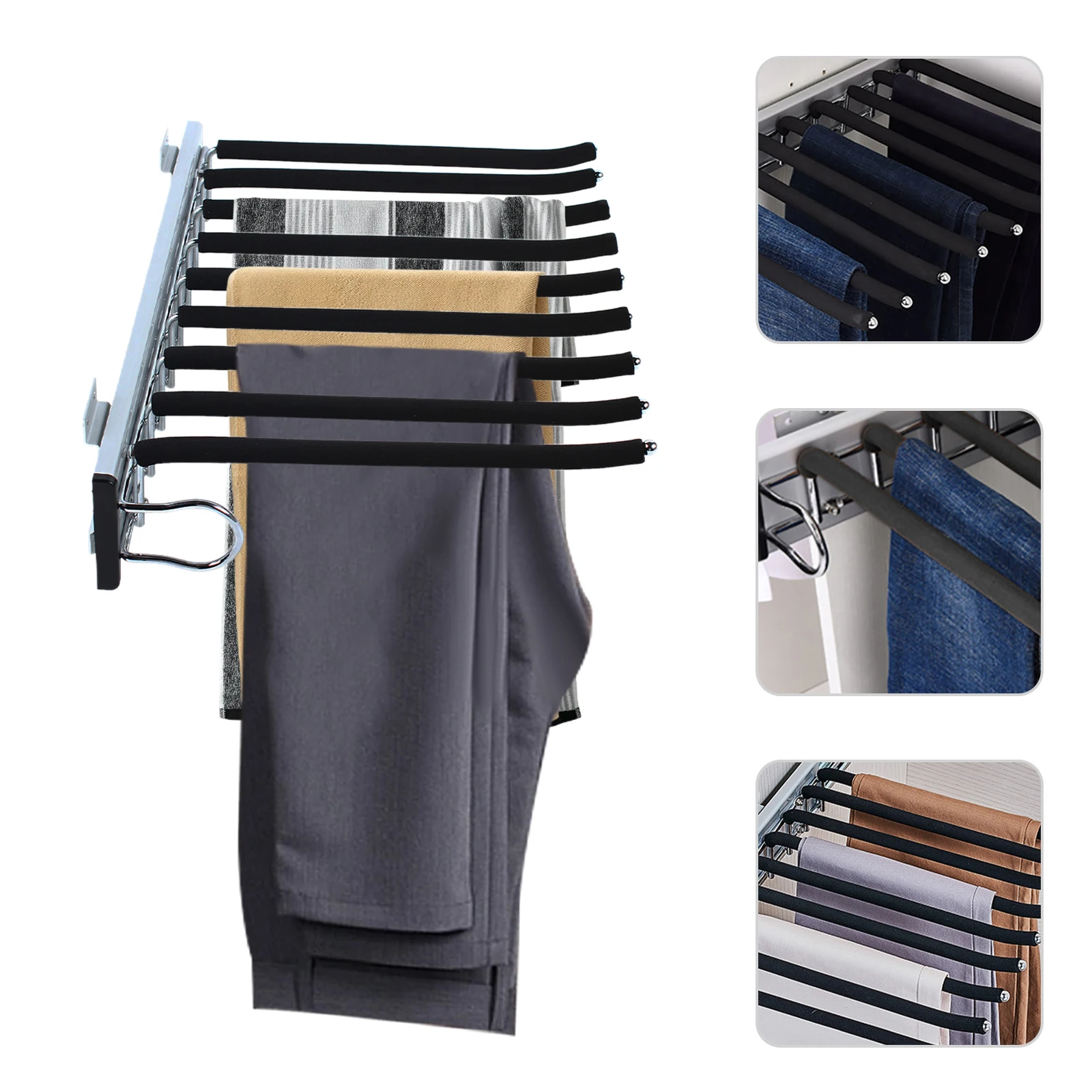 Pull Out Trousers Rack 9 Arms Retractable Closet Pants Hanger Side Mounted Pull Out Wardrobe Trouser Rack Left Side Installation