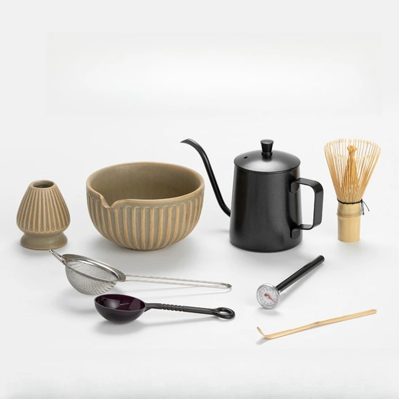 Kiln-turned matcha bowl 8-piece set with set of tea, bamboo matcha brush some tea