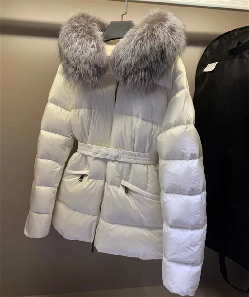 

Winter Women Warm White Duck Down Jacket Loose Hood Puffer Coat Natural Real Silver Fox Fur Collar Thick Luxury Outerwear