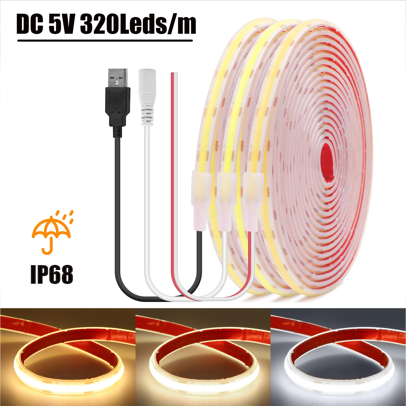 DC 5V COB Strip With USB/2PIN IP68 Waterproof 320Leds/M RA90 3000K 4000K 6000K Home Garden Decor Flexible Ribbon Rope LED Light