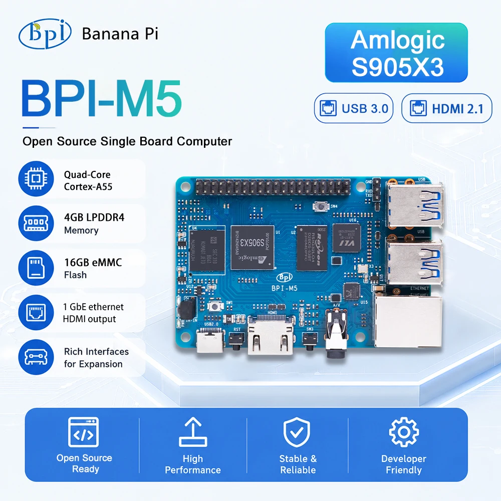 Gels PI BPI-M5 Amlogic S905bery façades Core 4 Go LPDDR4 RAM 16 Go eMMC Flash Support Linux Raspberry Pi Orange Pi dev Single Board