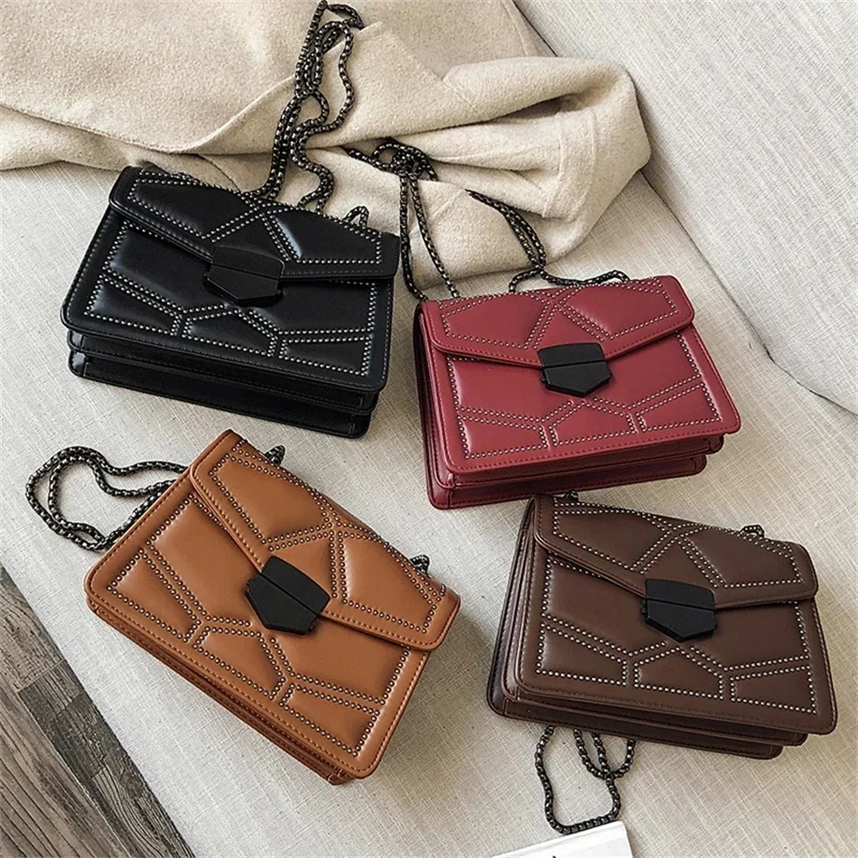 Rivet Chain Brand Designer PU Leather Shoulder Bags for Women New Simple Fashion Crossbody Bag Lady Luxury Small Handbags Purses