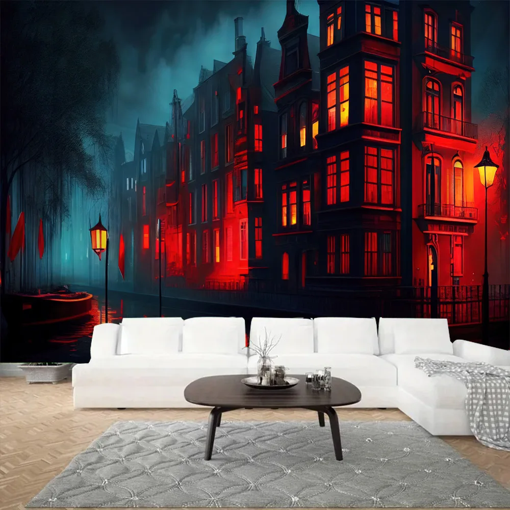 

Psychedelic night scene tapestry mysterious city street background poster studio home decoration wall hanging fabric mural
