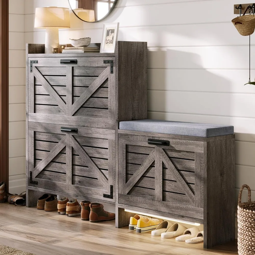 

Farmhouse entrance shoe storage platform with USB motion sensor lights, flip drawers and cushioned seats, narrow hallway shoes