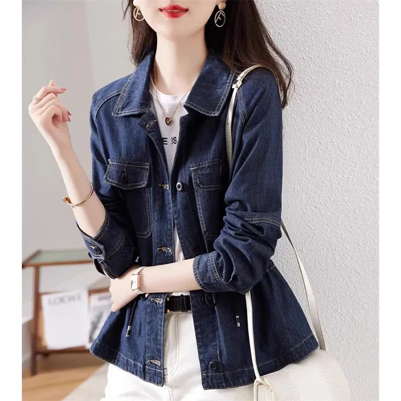 

Retro Dark Denim Coat Women 2025Spring Autumn New Lapel Cowboy Jacket Casual Minimalist Jeans Outerwear Short Outcoat Female Top