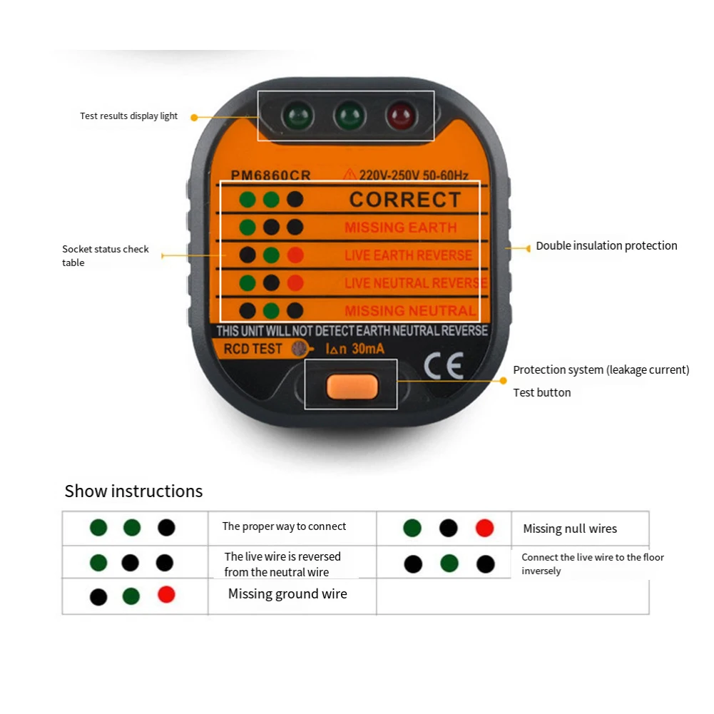 CATII V Circuit Polarity CATII V Circuit Polarity Voltage Outlet Socket Tester Detector GFCI RCD Test Function