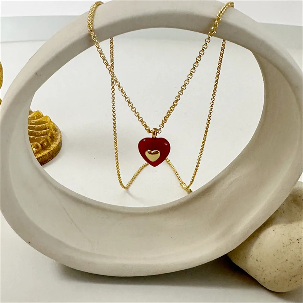 

S925 Серебряное агатовое сердце в стиле ретро-цепочка на ключицу, корейский стиль INS, женские двухцветные темпераментные украшения