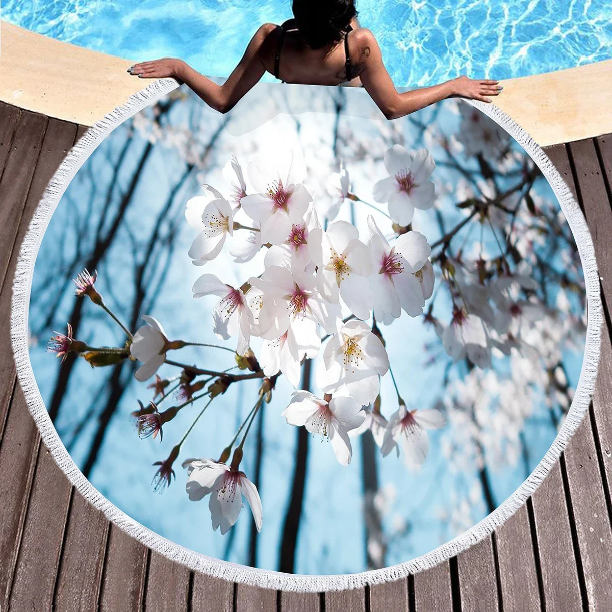 Cherry Blossom Round Beach Towel,Cherry Blossom Tree In The Sun Sand Anti-Sand Beach Blanket Absorbent Quick Dry Soft Pool Towel
