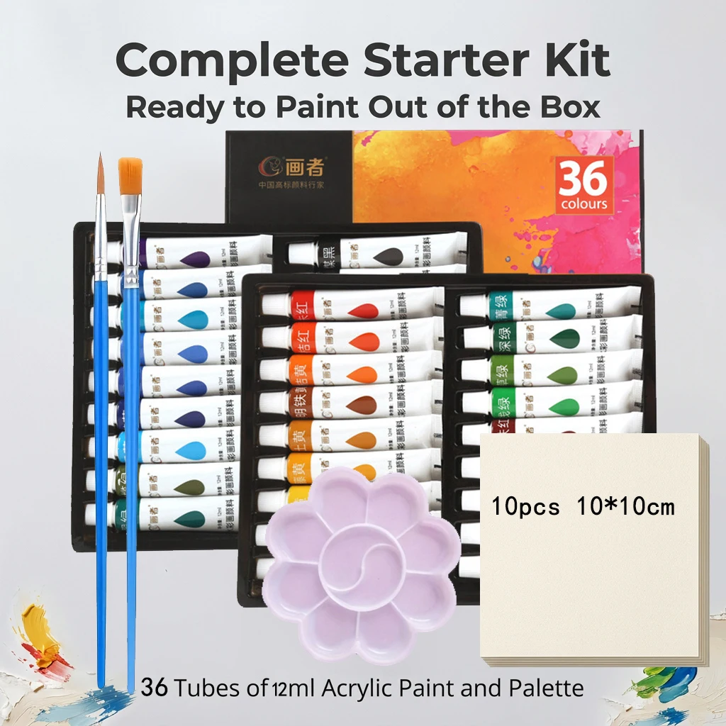 Watercolor Paint Set 12/18/36 Colors 12ml Each with Palette 10 Sheets 10x10cm Watercolor Paper 2 Sets Oil Brushes for Artists An