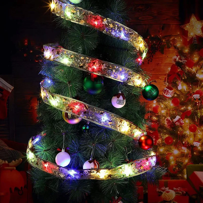 10m/5m/2m Christmas Ribbon LED Lights Christmas Tree Lighting Bows Ornaments Home Holiday DIY String Lights New Year Decoration