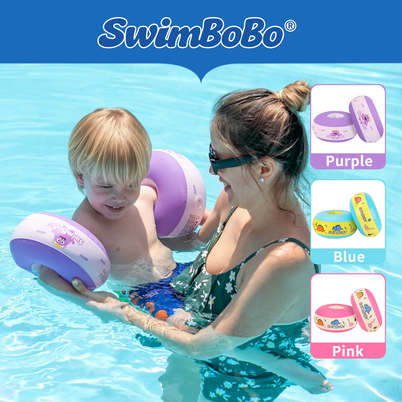SwimBoBo Kids Swim Ring, Dual Buoyancy Arm Floaties with Sponge Core, Inflatable Pool Ring Float for Children Learning to Swim,
