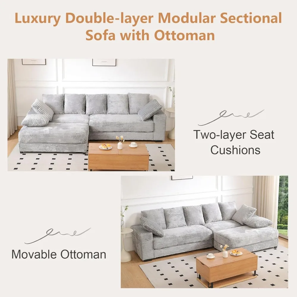 أريكة مقطعية حديثة على شكل حرف L بمقعد عميق مع مسند وتخزين، راحة 108.6 على شكل سحابة سروال قصير، تتضمن 8 وسائد