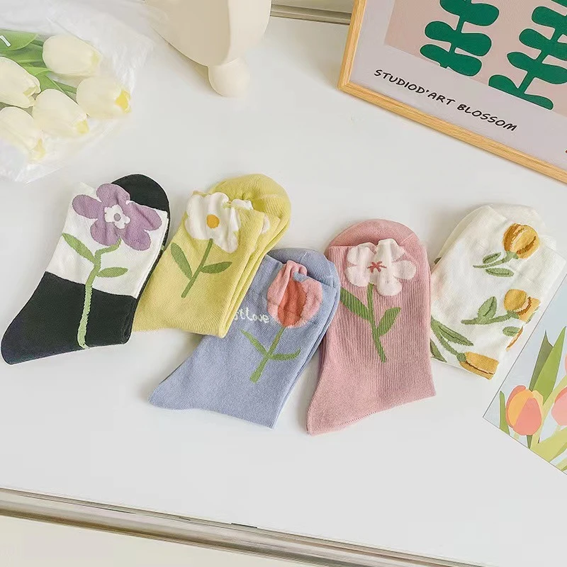 Calcetines bonitos florales para mujer, calcetines Harajuku con flores, calcetines informales transpirables para primavera y otoño para niña, vestido de verano a juego