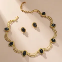 Black Oval Gem Stone Necklace Stud Earrings Set for Women Medieval Vintage Golden Geometric Necklaces Earring Jewelry Sets