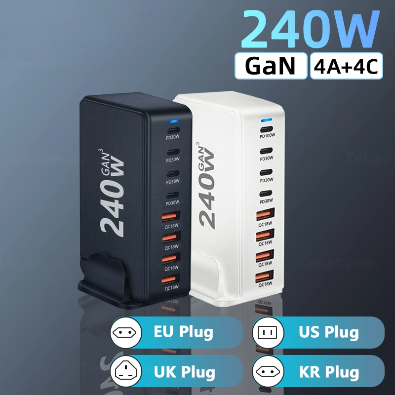 240W Desktop GaN Charger 8-port USB Type C PD Charger Fast Charge 3.0 USB Type C Fast Charger For iPhone15 14 Mobile USB Charger