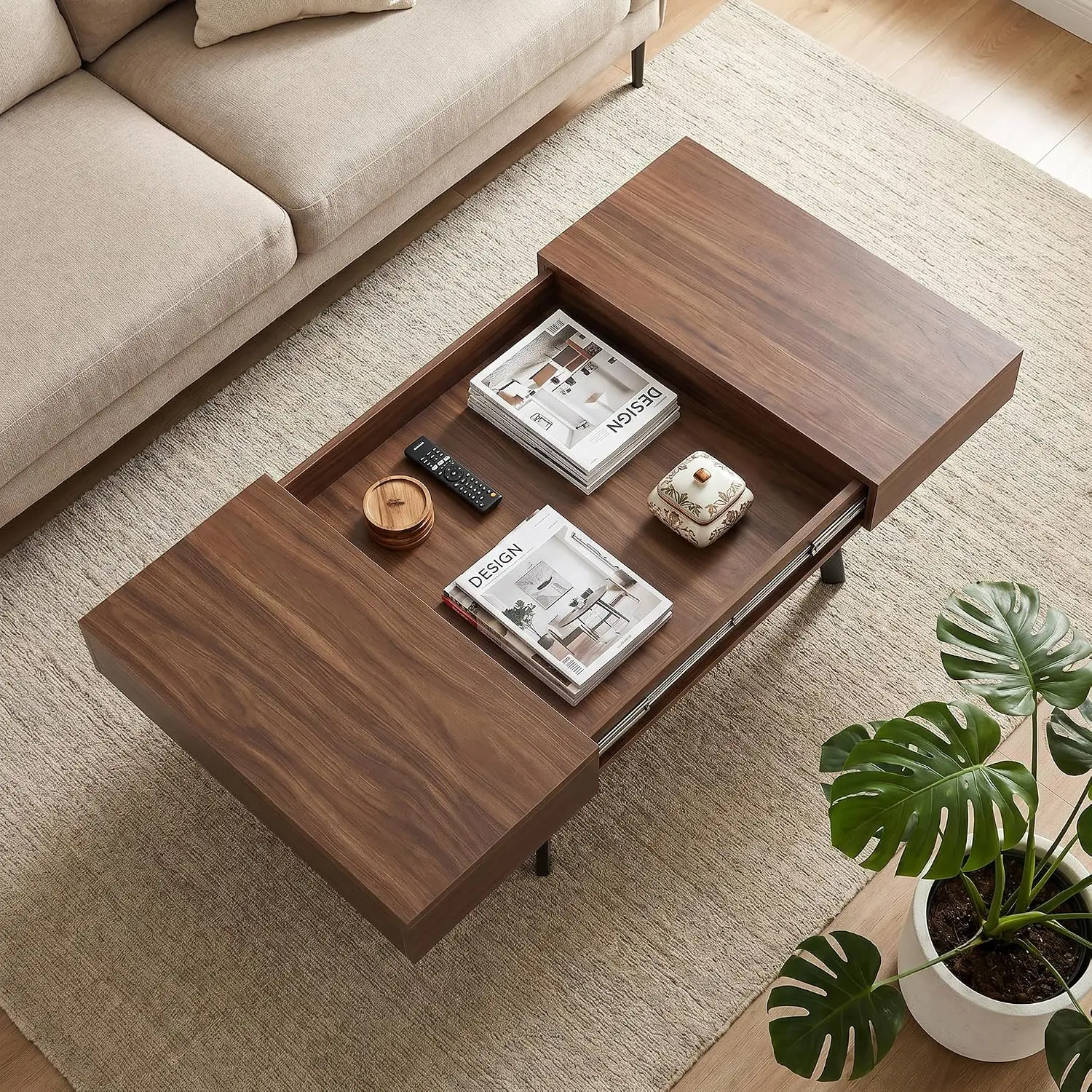 Square Sliding Top Coffee Table with Hidden Storage, Modern Wood Grain Coffee Table with Secret Compartment, Expandable Mid Century Modern Coffee Table for Living Room