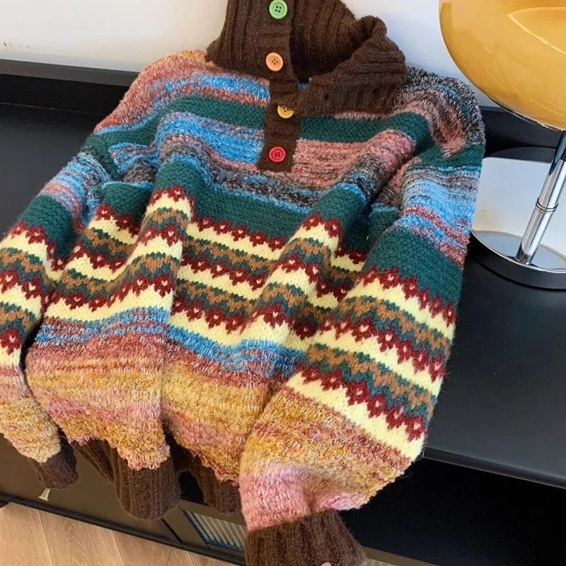 

Japanese Style Vintage Print Harajuku Sweater Women Autumn New Loose Sweet Knitted Jumper Casual Stand Collar Womens Tops