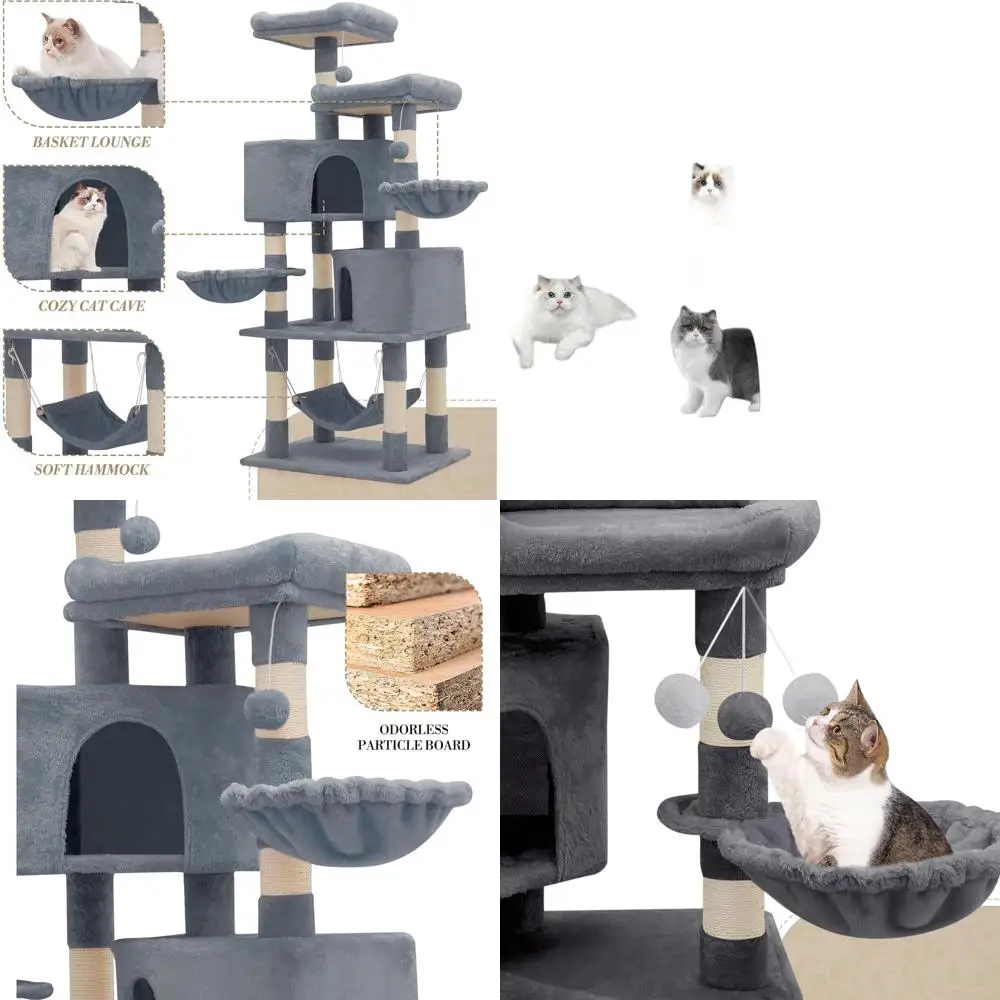 

58 Indoor Cat Tower with Multi-Level Play, Scratching Post, Hammocks, Perch, and Ball, Light Gray