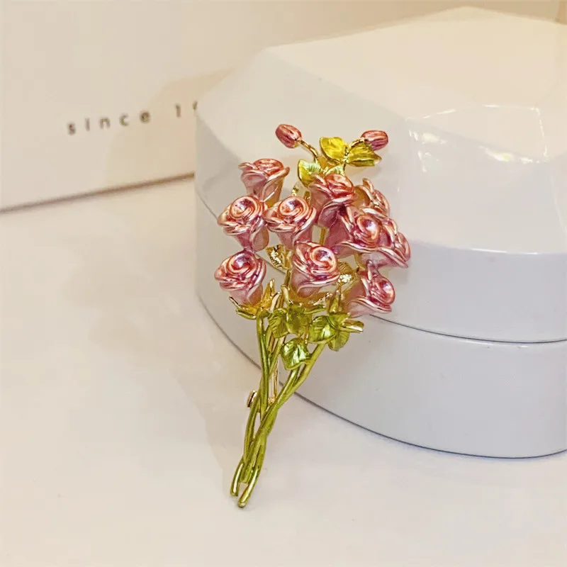 Japanese Korean Pink Rose Bouquet Brooches For Women Creative Enamel Exquisite Flower Brooch Cute Clothing Accessories Jewelry