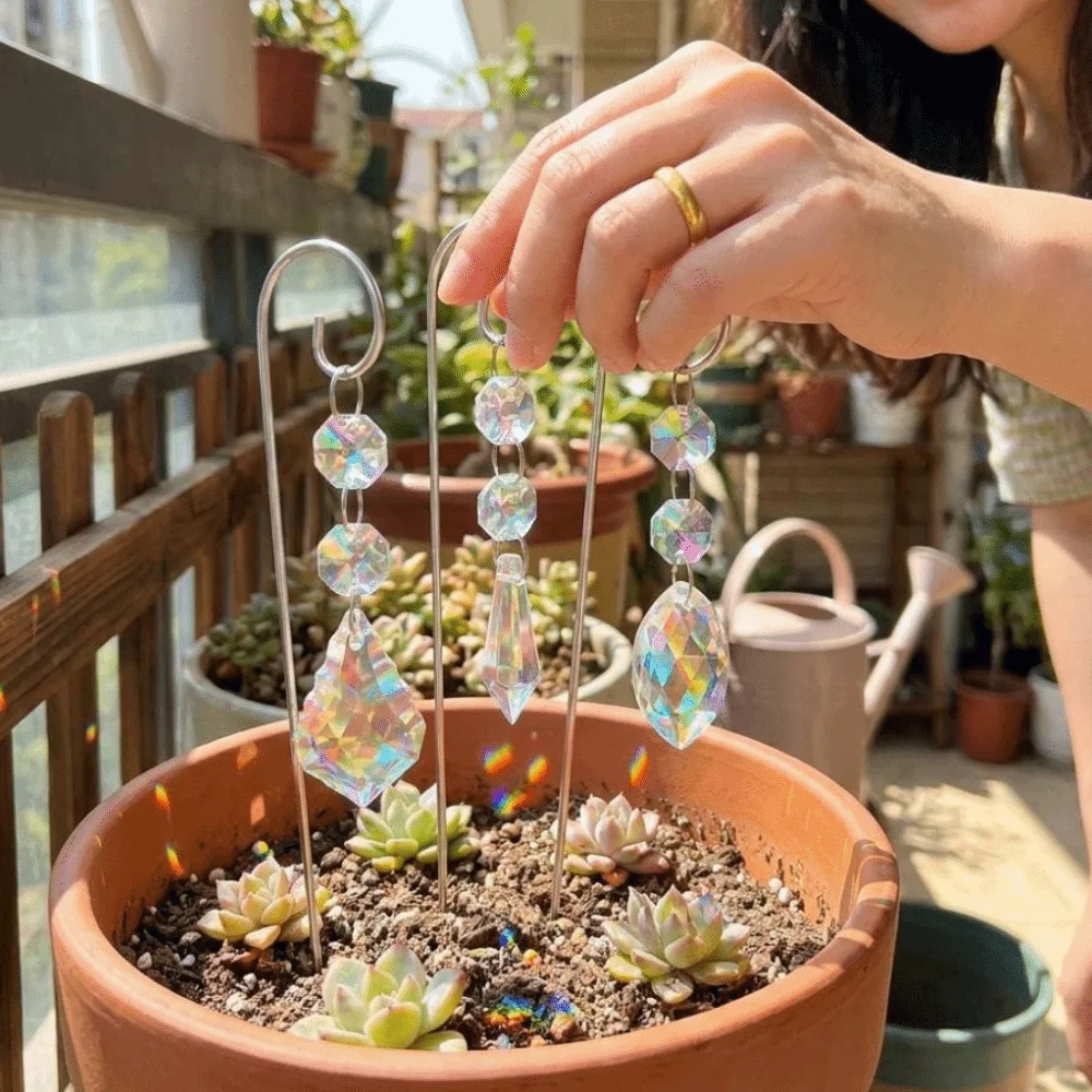 Colorful Crystal Prisms Suncatchers Reflective Metal Stake with Hook Rainbow Maker Handmade Exquisite Hanging Wind Chime