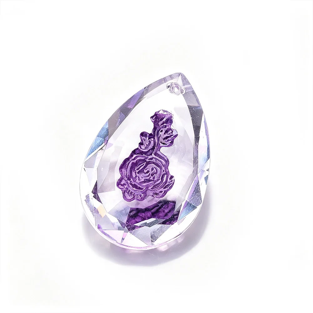 Purple Rose Engraved Teardrop Crystal Pendant High Clear Faceted Chandelier Parts Suncatcher DIY Home Decor Ornament
