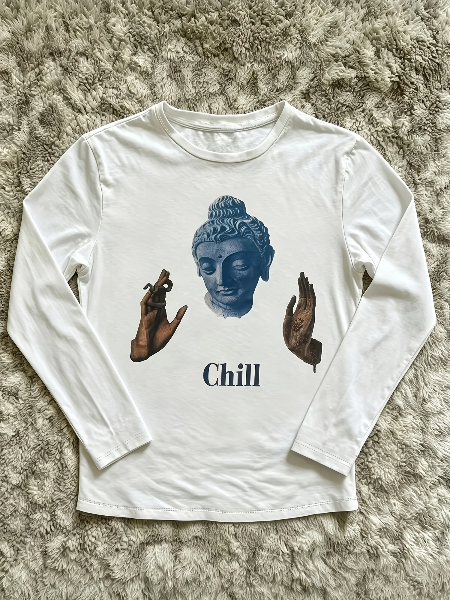 American Retro White Crew‑Neck Long‑Sleeve Tee, Buddha Sculpture Hands Gesture Print Niche Casual Layering Top