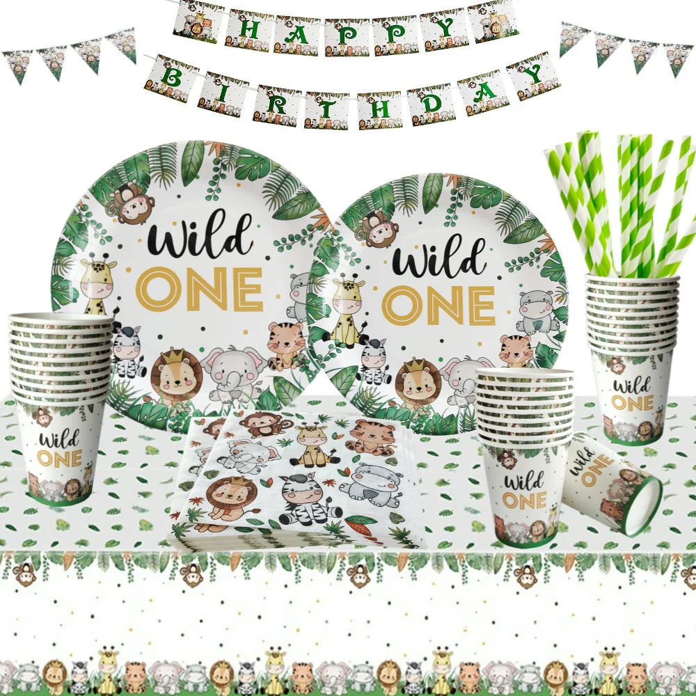 Dschungel Safari Geburtstagsdekorationen Tier Einweggeschirr Set Kinder Babyparty Wald Wild One 1. Geburtstag Partyzubehör