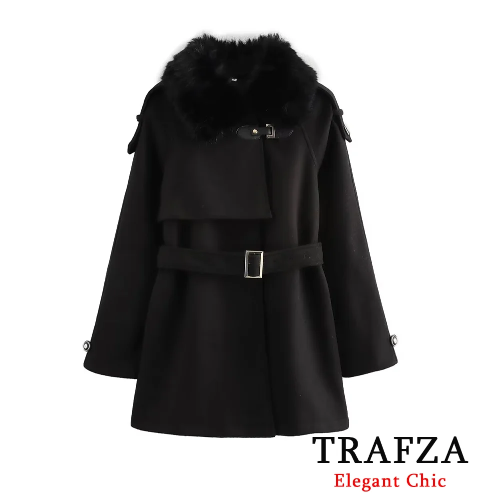 TRAFZA Women Fall Winter Tweed Coat Shaggy Big Lapel Slim Coat with Belt New Fashion Elegant Glamorous Belted Coat