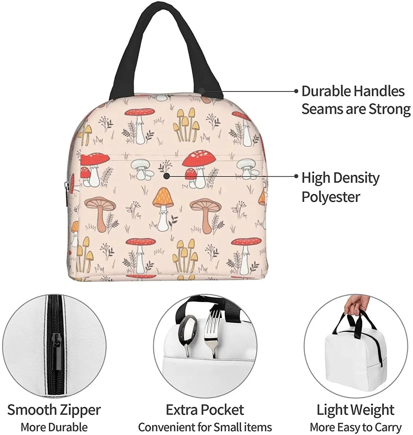 Pink Mushroom Cute Lunch Bags Thermal Lunch Box Reusable Lunch Bag Food Container for Women Men Adults Work Travel Picnic