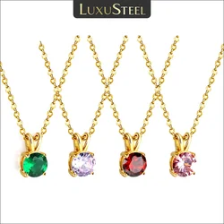 LUXUSTEEL Classic 4 Claws Round Crystal Pendant Necklaces Shiny CZ Choker AAA Zircon Choker for Women Engagement Jewelry Gifts