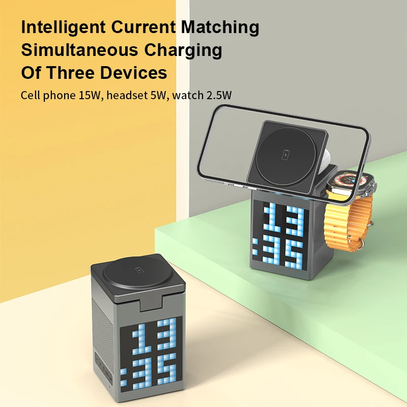 ที่ชาร์จแบบไร้สายภาพเคลื่อนไหว6 in 1, มาใหม่ล่าสุด2024พิกเซลมัลติฟังก์ชั่นพร้อมนาฬิกาปลุกลำโพงโทรศัพท์ชาร์จไร้สายขาตั้ง