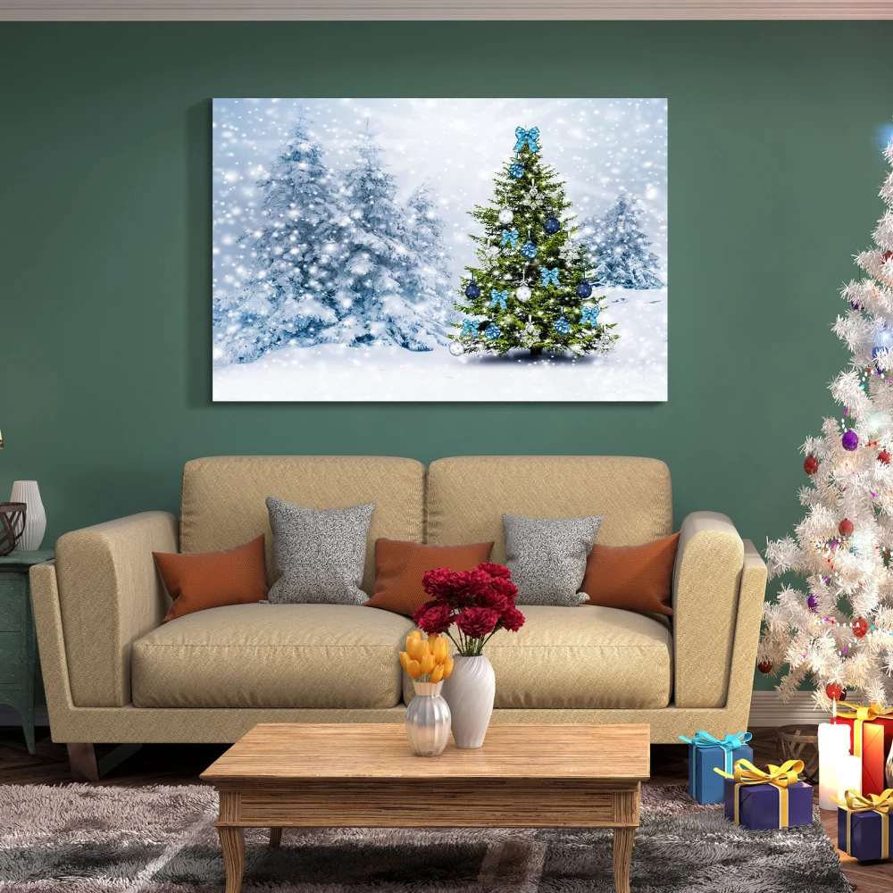 

Framed Canvas Wall Art Painting: Christmas Tree with Snowman for Christmas, Gift & Decor for Christmas Eve, Office