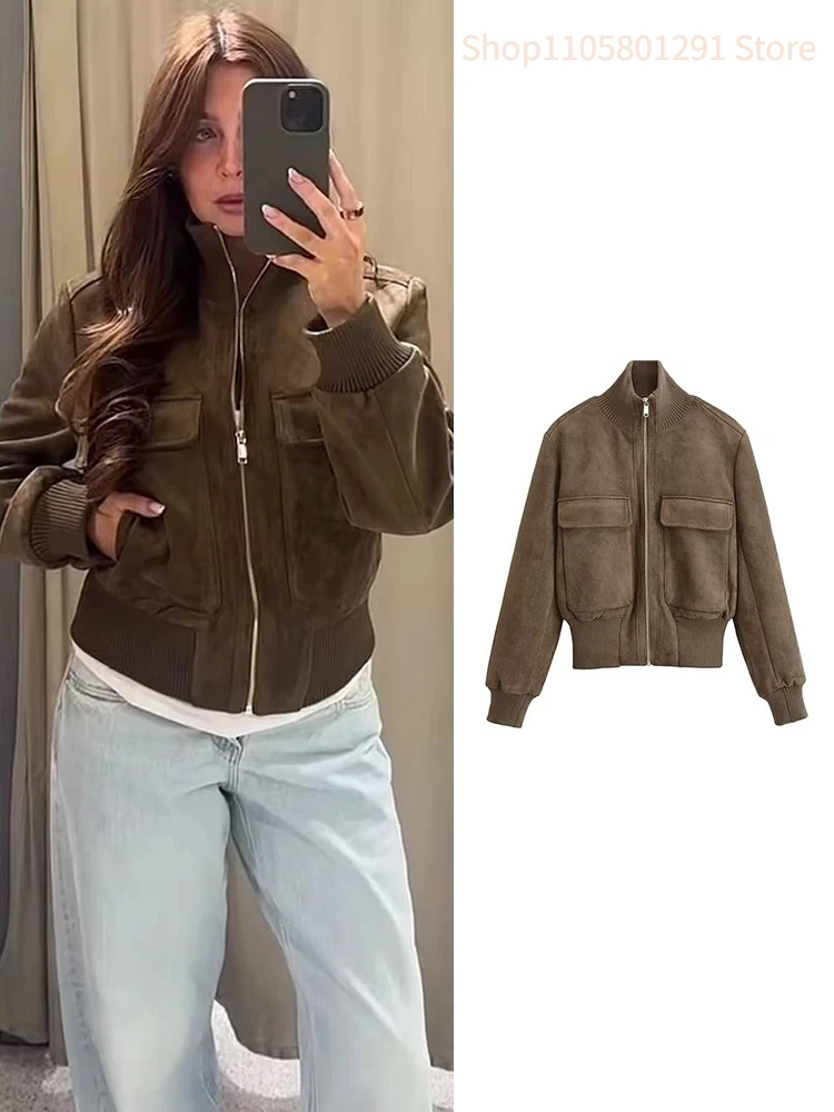 2026 Women Simple Flight Outer Coat Stand‑Collar Long‑Sleeve Zip‑Up Cropped Bomber Jacket, Autumn Winter Slim Chic Coats