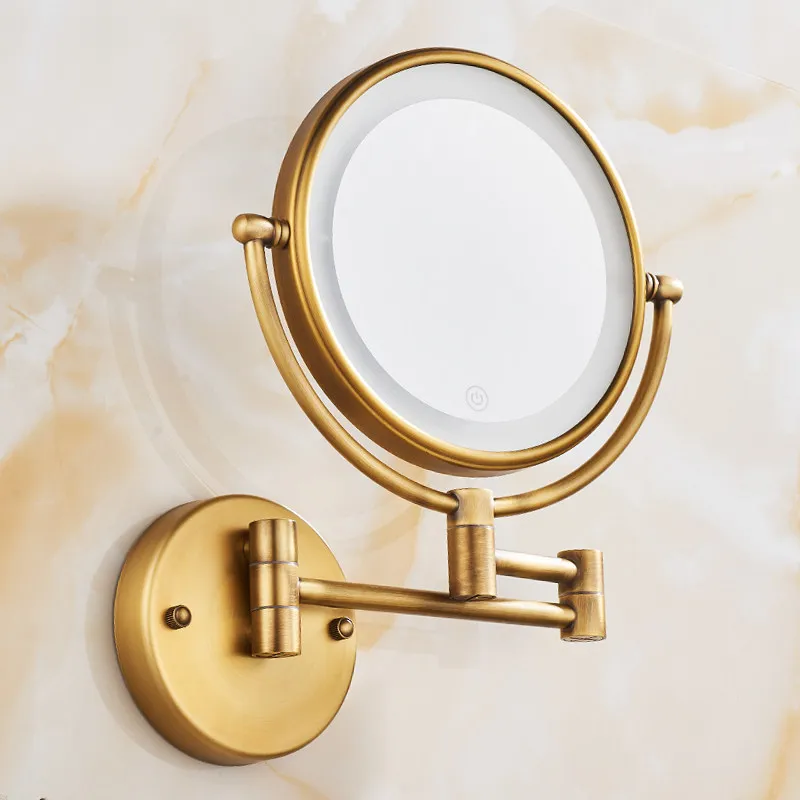 Solid Copper Antique Touch Vanity,Drill-free Wall Mounted Foldable Tray,Flat&3x Magnifying Plate,Toilet LED Beauty Accessory