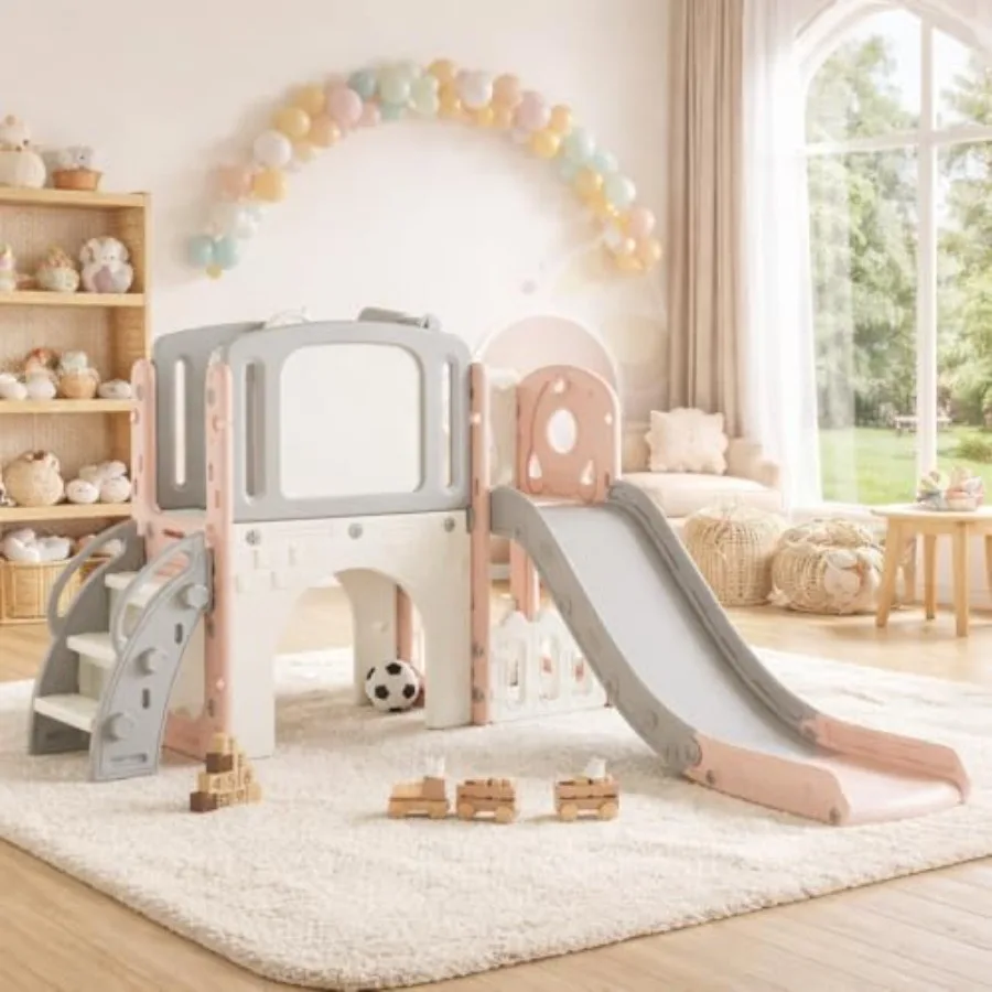 Set de Juegos Infantil 8 en 1 con Tobogán para Interiores y Exteriores, Incluye Escalador, Aro de Baloncesto, Telescopio, Túnel y Espacio de Almacenamiento