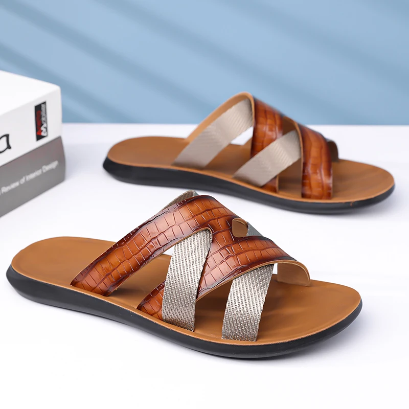 Shoes for Men Sandals Summer Slip on Slippers Pu Leather Flats Man Beach Sandal Indoor Shoe Casual Outdoor Homewear Flipper Zero