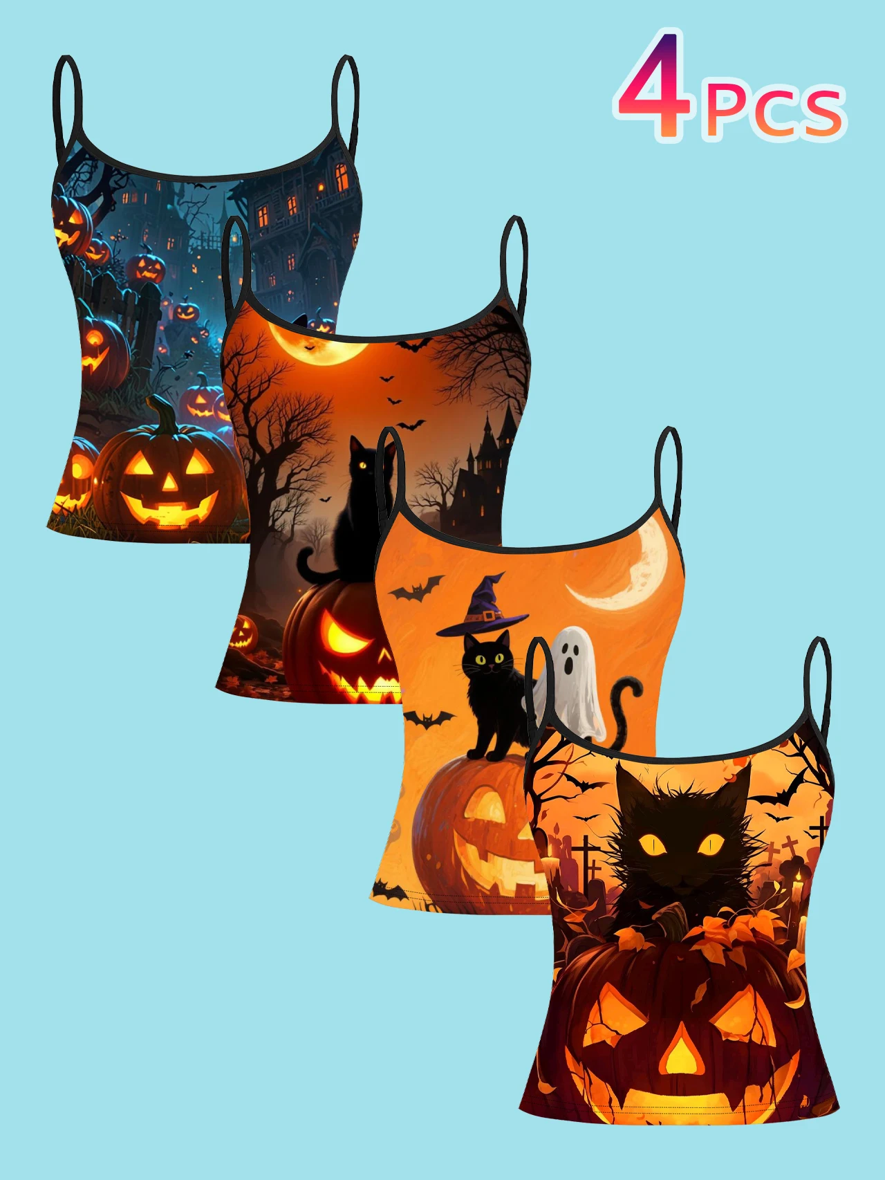 4-Piece Set of Halloween Black Cat and Pumpkin Women's Camisoles, Haunted House Full Moon Bat Ghost Print Slim-Fit Spaghetti Strap Short Camisole Tops