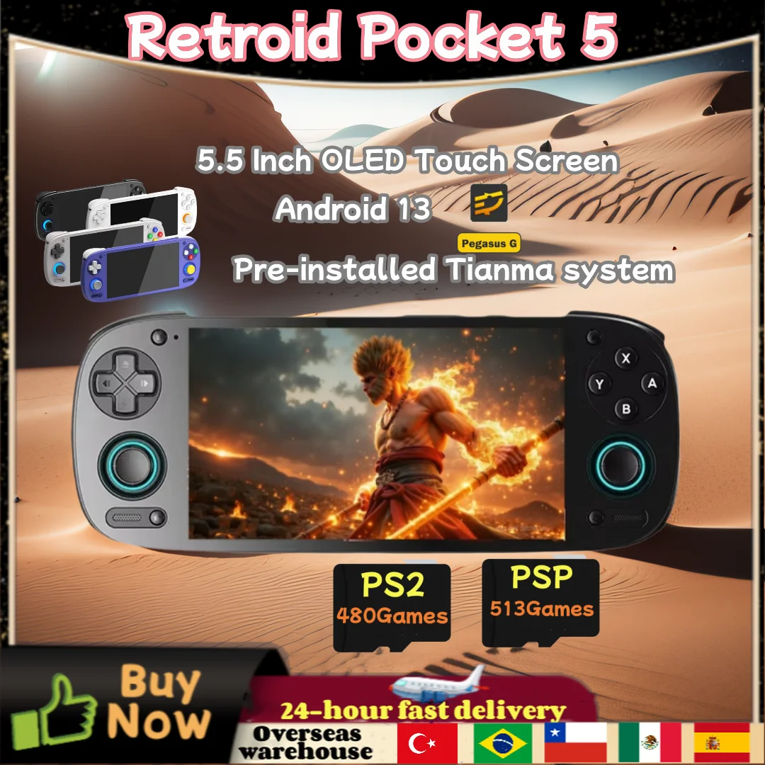 Retroid Pocket 5 Handheld Game Console Video Games Players 5.5Inch OLED Touch Screen 8+128G Android13 RP5 Wifi Bluetooth PSP PS2