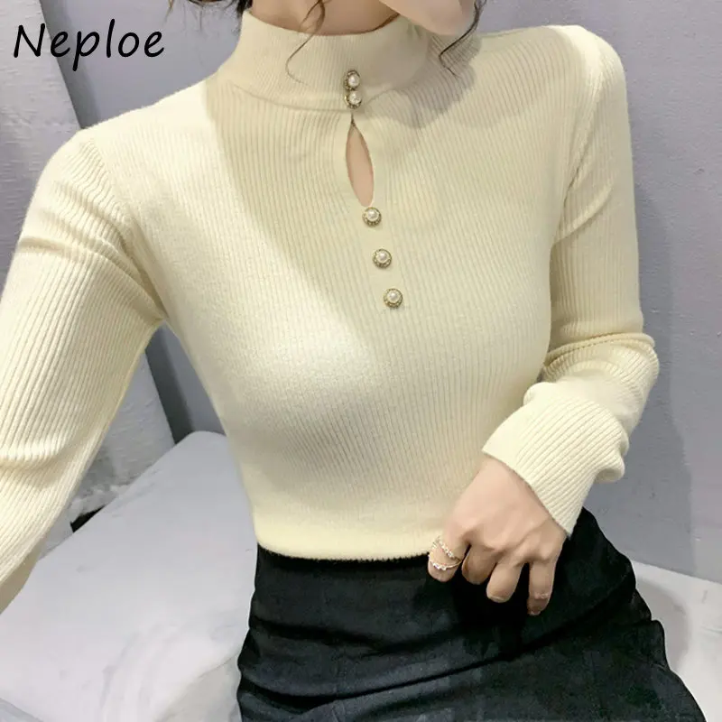 Neploe Stand Neck Hollow Out Chic Buttons Pull Femme Autumn Winter Jersey Mujer Sweater Y2k Solid Color Long Sleeve Sweaters