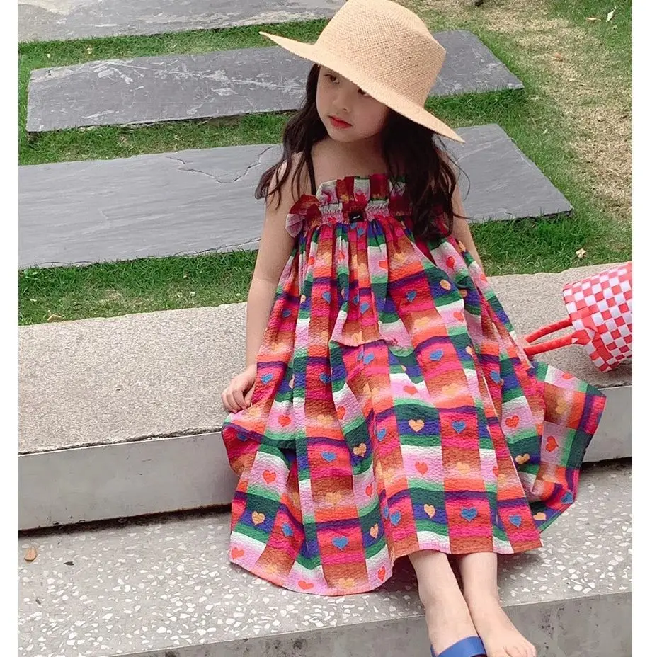 Baby Girls\' Plaid Dress Multi Color Love Suspender Dress Elastic Band Pleated Edge Princess Dress Summer New Children\'S Clothing