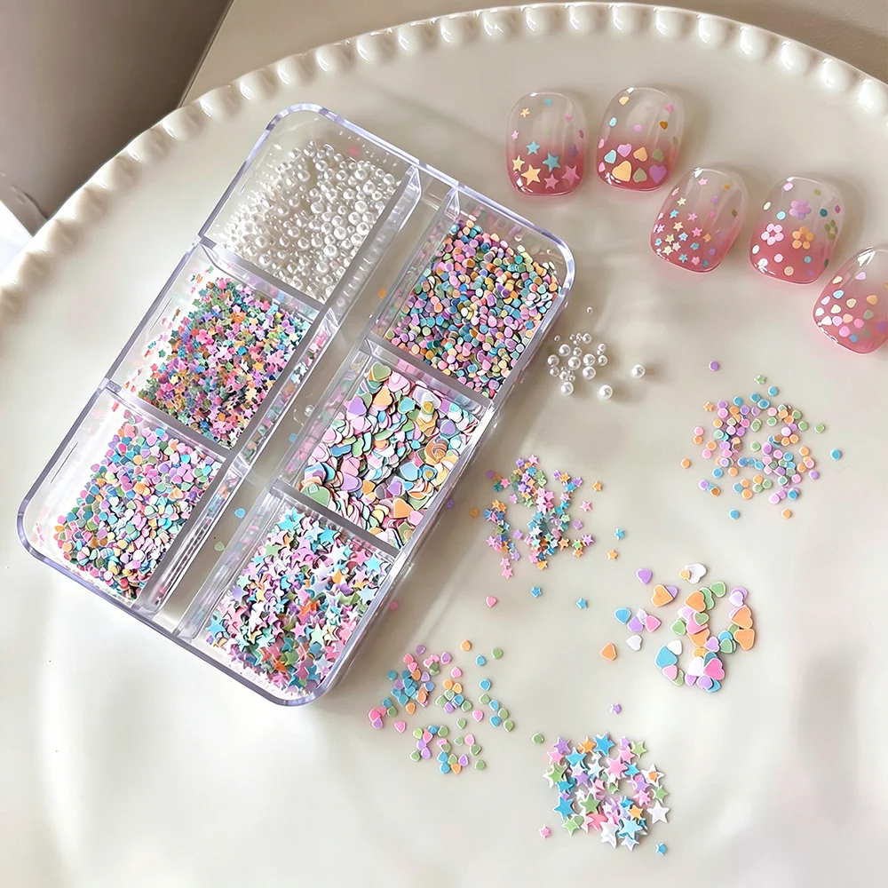 6 Grids Macaron Sequins Pearls Nail Charms Mixed Star Heart Sequins + White Pearls Nail Decoration DIY Y2K Sweet Nail Supplies11